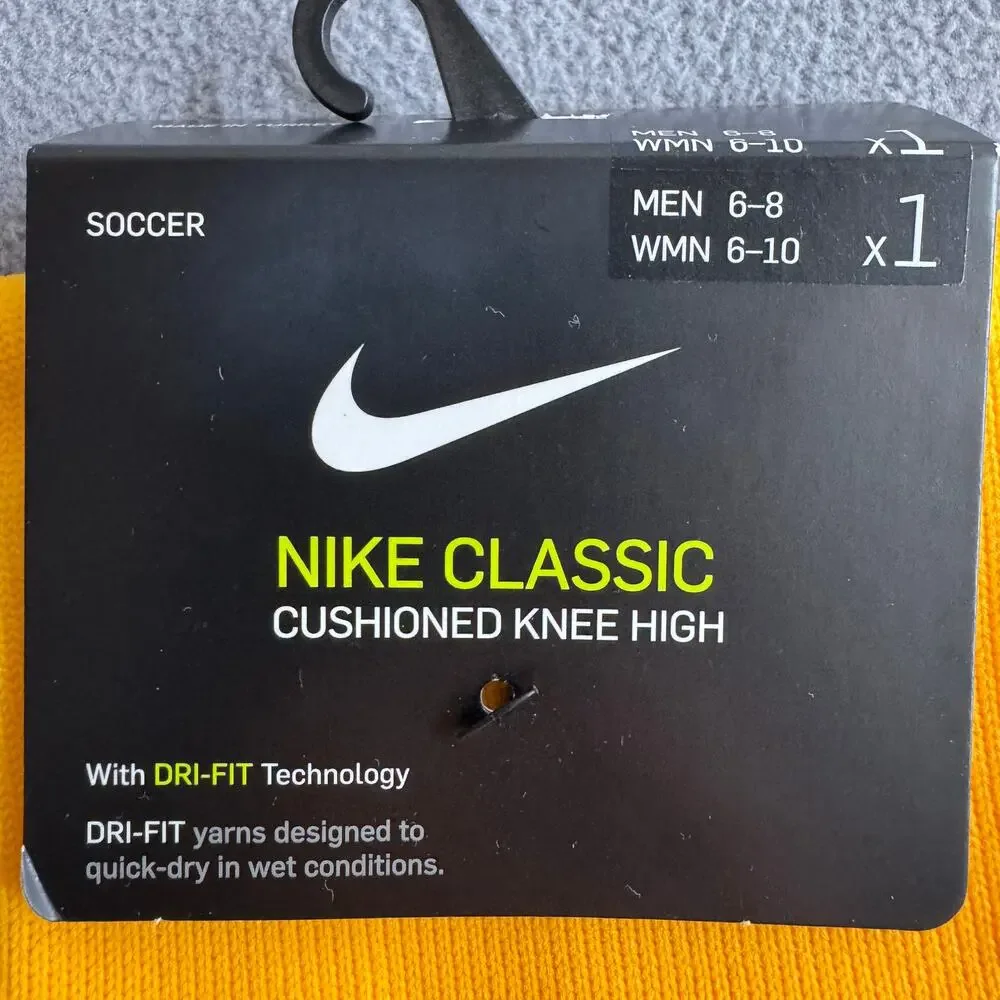 Nike Classic‎ Cushioned Knee High Soccer Sock Dri FIt Gold M 6-8 / W 6-10 Swoosh